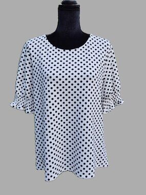 Adrianna Papell White & Black Polka Dot Blouse Top, Size L